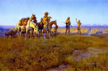 Trêve de l homme sauvage 1914 Charles Marion Russell Amérindiens Peinture à l'huile